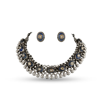 Blue Kundan 925 silver Traditional Coin Necklace Set
