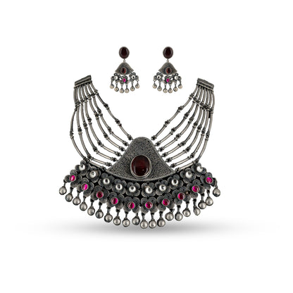Ruby Filigree Bib 925 silver Tribal Necklace Set