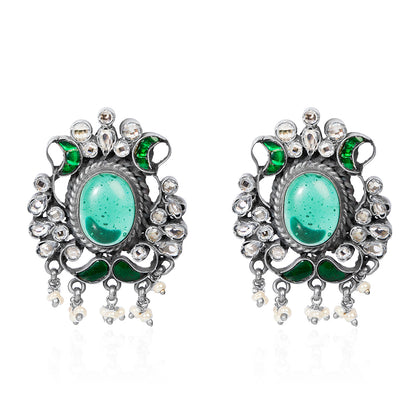 Oxidized Silver Stud Earrings with Oval Emeralds, White CZ, Green Enamel, and Pearl Dangles
