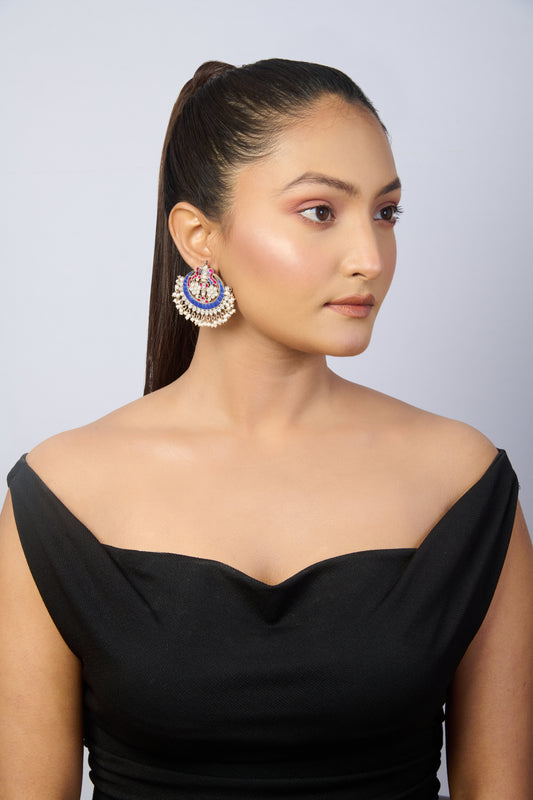 Oxidized Silver Pearl Drop Chandbali with White Stones