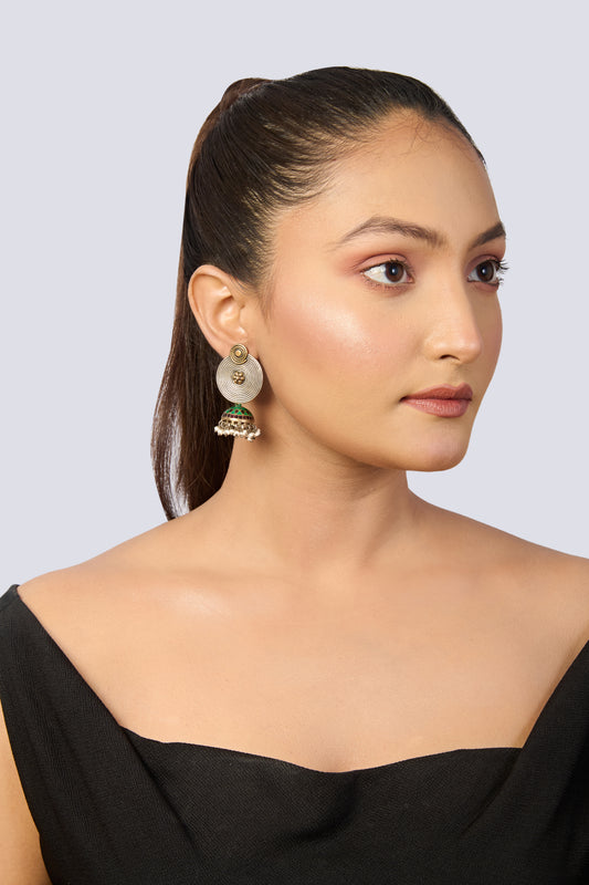 Dual-Tone Meenakari Jhumka Earrings with Pearl Drops