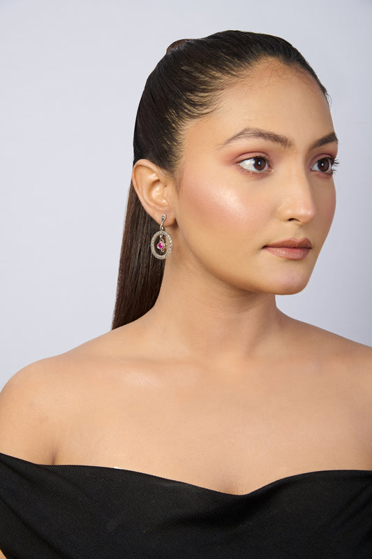 Oxidized Silver Marcasite & Rhodolite Hoop Earrings