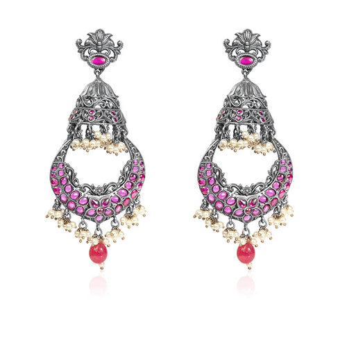 Luxury Beaded Oxidized Silver & Ruby/Pink Kundan Earrings