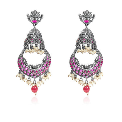 Luxury Beaded Oxidized Silver & Ruby/Pink Kundan Earrings