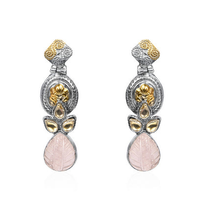 Oxidized Silver & Gold Tone Dangle Earrings with Polki & Carved Pink Stone Drop