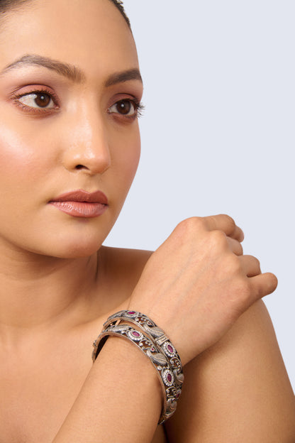 Elegant Oxidized Silver Bangles with Openwork Design, Ruby and Cubic Zirconia