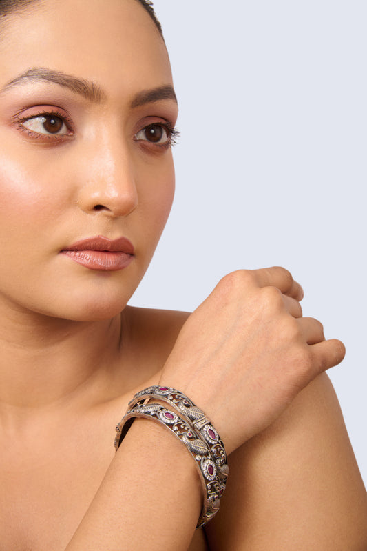 Elegant Oxidized Silver Bangles with Openwork Design, Ruby and Cubic Zirconia
