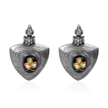 Oxidized Silver Shield Stud Earrings with Black Stone and Golden Leaf Accents