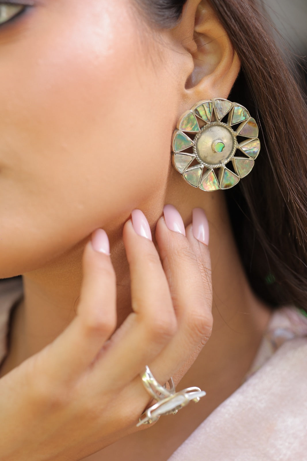 925 Silver Abalone Shell & Oxidized Floral Stud Earrings