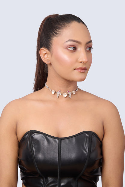 Silver Tone Bird Choker with White, Pink, Peach Gemstones