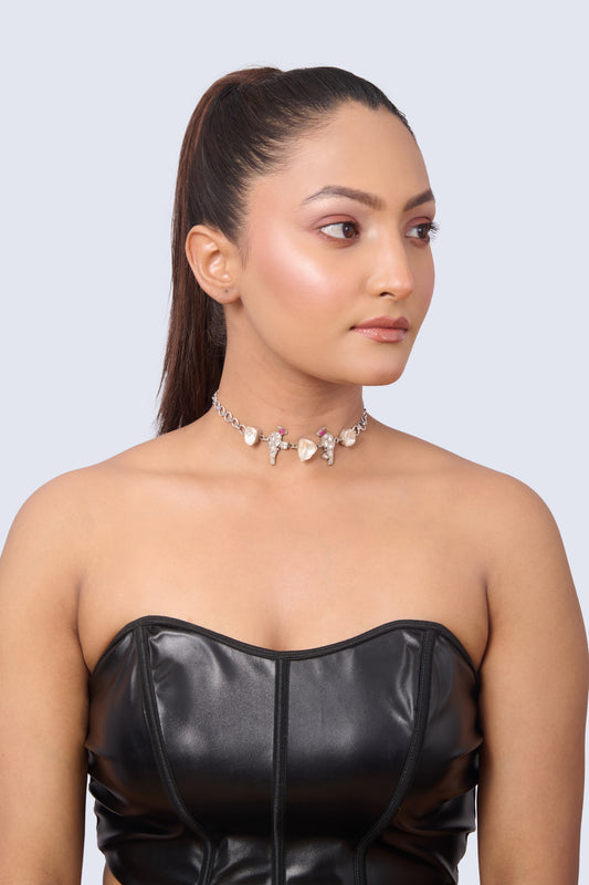 Silver Tone Bird Choker with White, Pink, Peach Gemstones