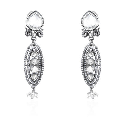 Oxidized Silver Dangle Earrings with Faceted White Top, Polki Diamonds, and Pearl Drop