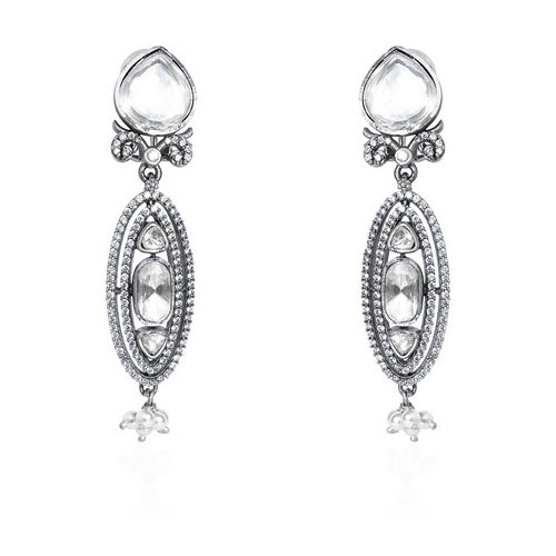 Oxidized Silver Dangle Earrings with Faceted White Top, Polki Diamonds, and Pearl Drop