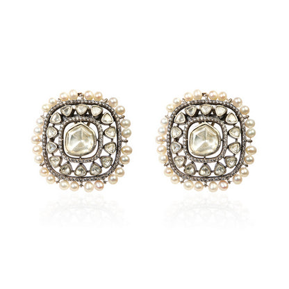 Women's Ethnic Silver Earrings with White CZ Center, Uncut Polki, and Delicate Pearl Edge