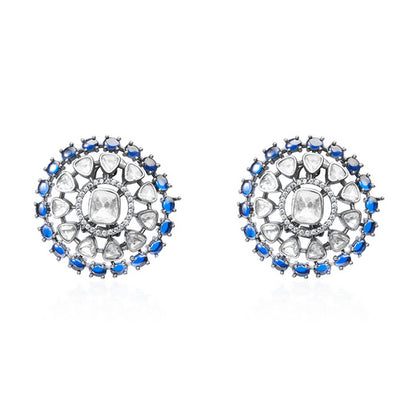 Oxidized Silver Stud Earrings with Central White Gem, Polki Diamonds, and Blue Sapphires