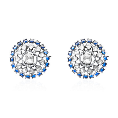 Oxidized Silver Stud Earrings with Central White Gem, Polki Diamonds, and Blue Sapphires
