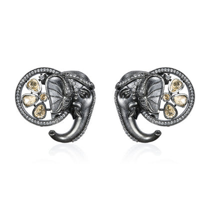Women's Ethnic Silver Earrings with Detailed Elephant Head and Mixed Gem Accents