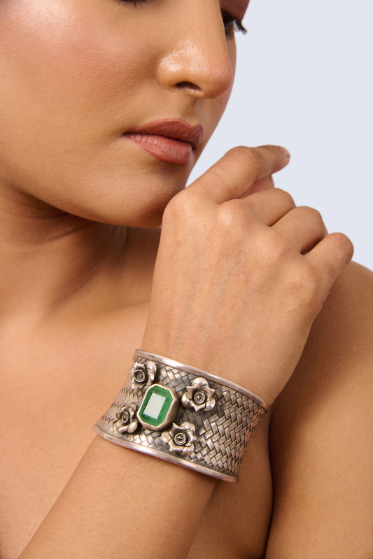 Women's Wide Band Oxidized Silver Open Cuff with Emerald and Roses
