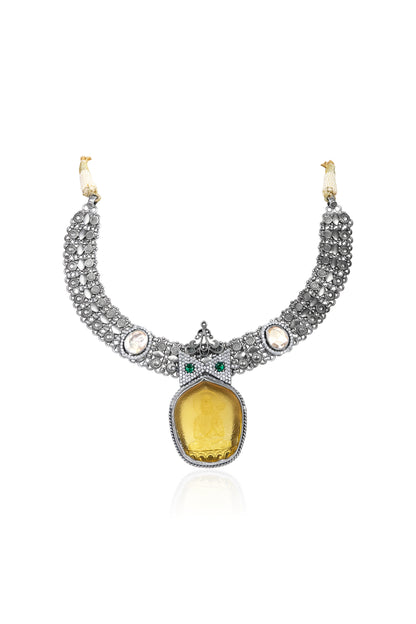 Amaris Carved Yellow Gem Choker with White Gemstone Collar and Green Stone Details