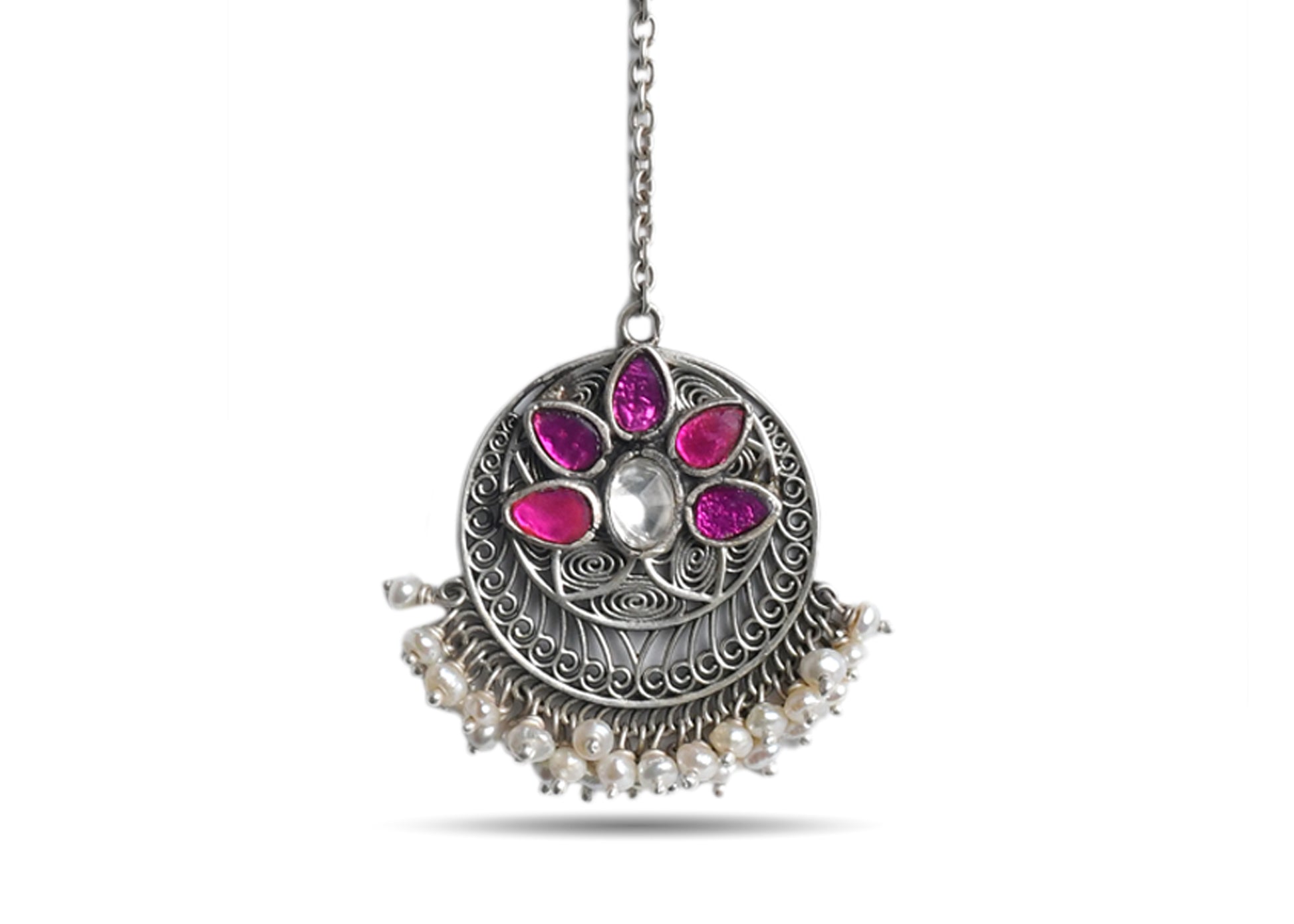 925 Silver Ruby Stone With Pearl Maang Tikka image 0