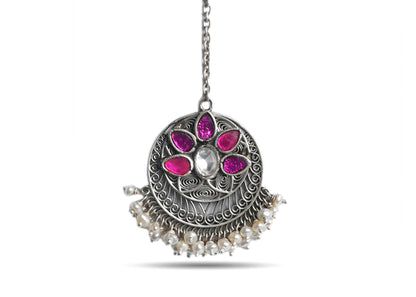 925 Silver Ruby Stone With Pearl Maang Tikka image 0