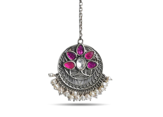 925 Silver Ruby Stone With Pearl Maang Tikka image 0