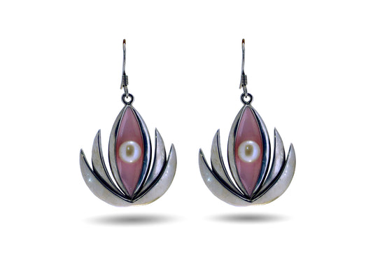 92.5 Silver Rose Petal Pearl Earrings image 0