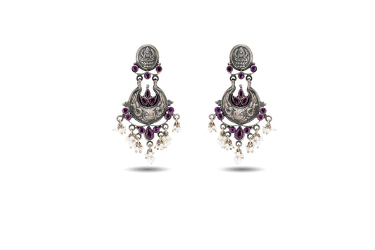 92.5 Silver Saraswati Ji Earrings with Purple Stones and Pearls image 0