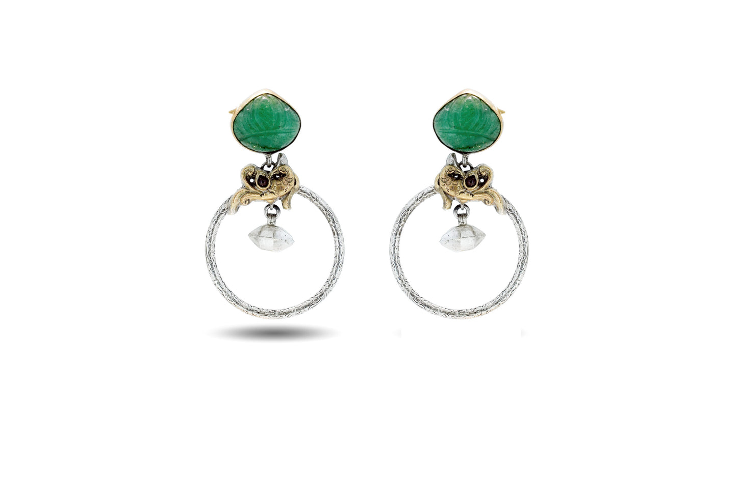 92.5 Silver Hoop Earrings with Green Onyx and Crystal Pendant image 0