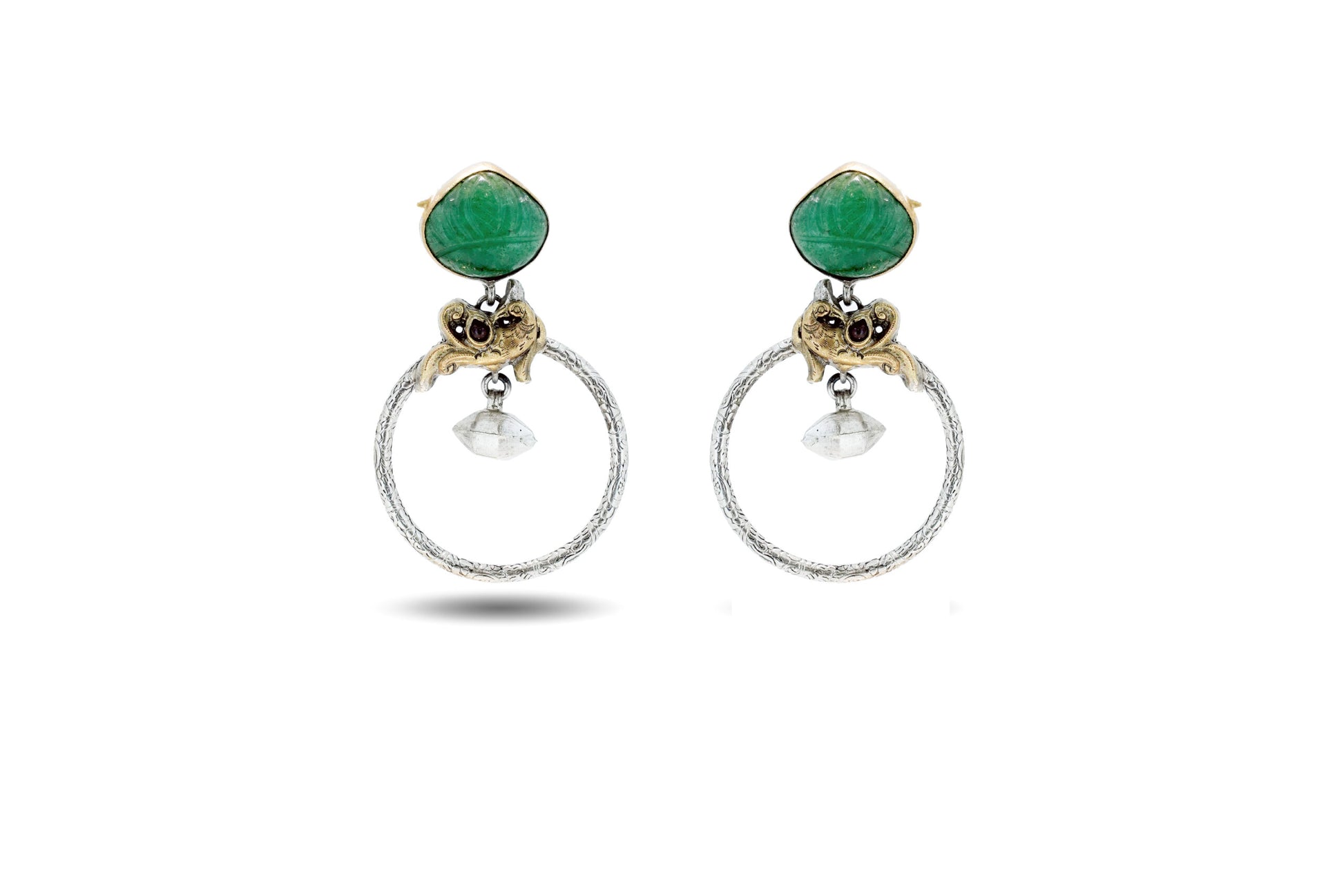 92.5 Silver Hoop Earrings with Green Onyx and Crystal Pendant image 0