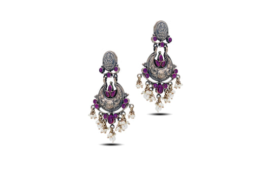 92.5 Silver Saraswati Ji Earrings with Purple Stones and Pearls image 2