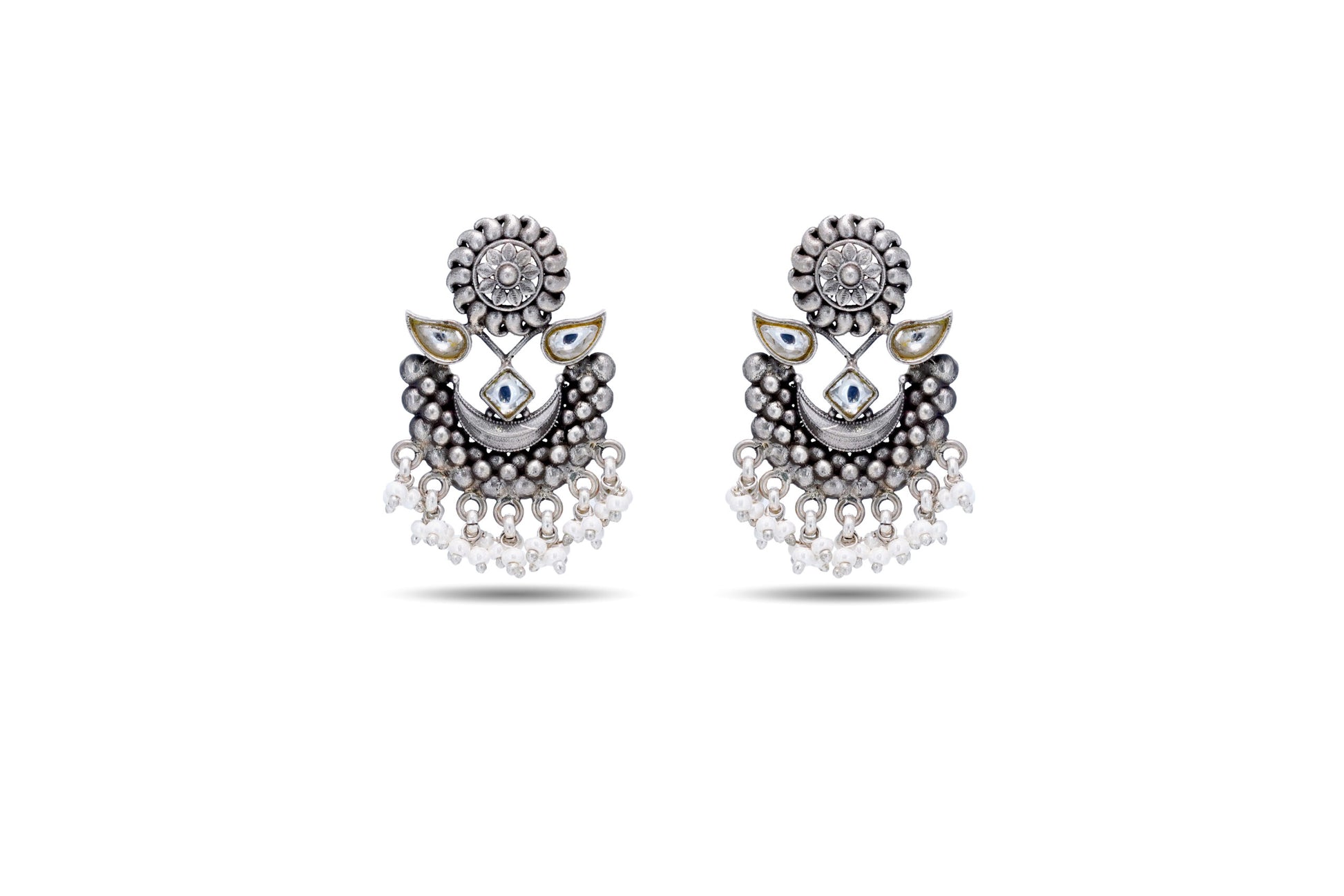 92.5 Silver Oxidised Look Chandbali Earring with Kundan And Pearls image 0