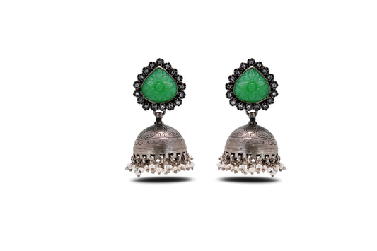 925 Silver Classic Green Stone Jhumkas image 0