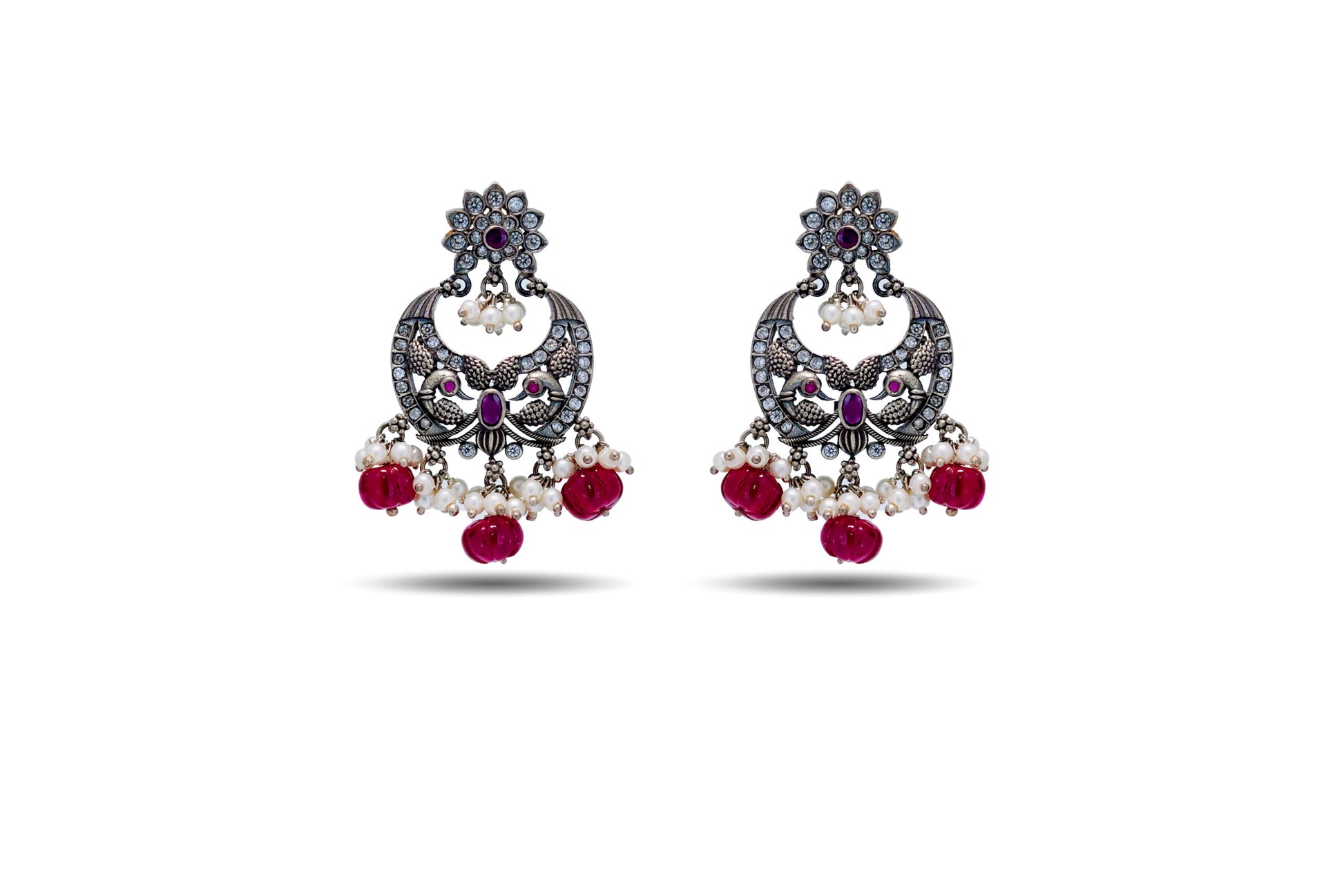 92.5 SILVER CHANDBALI EARRING WITH RUBY STONE AND PEARL image 0
