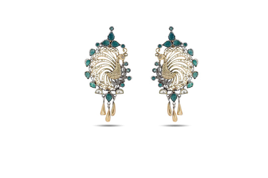 92.5 Silver Peacock Dangler Earrings with Green Stones image 0