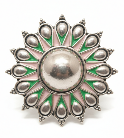 Vintage 925 Silver Sunburst Ring with Green Glow Accent