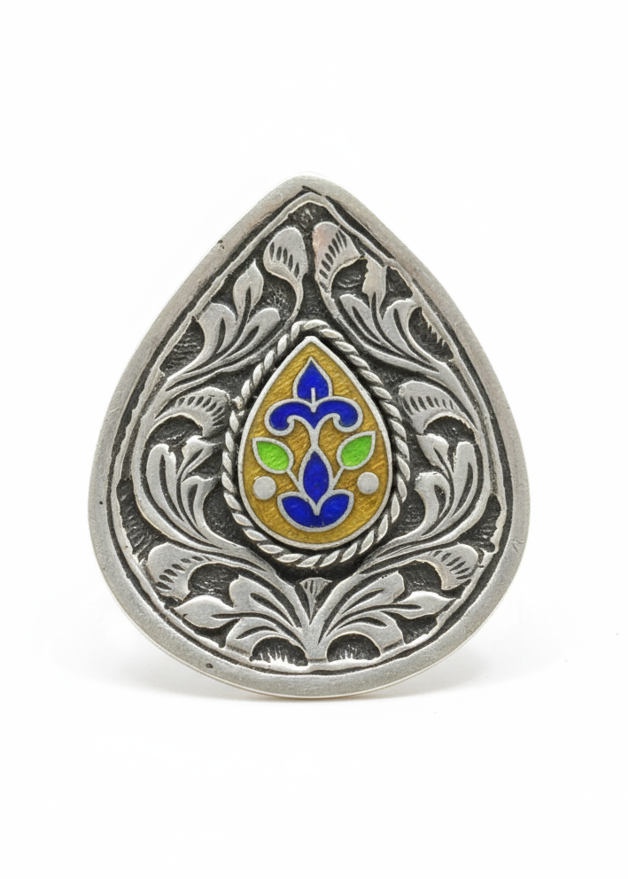 Teardrop Enamel Ring in 925 Silver Floral Design