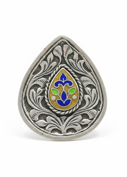 Teardrop Enamel Ring in 925 Silver Floral Design