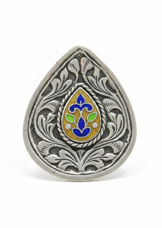 Teardrop Enamel Ring in 925 Silver Floral Design