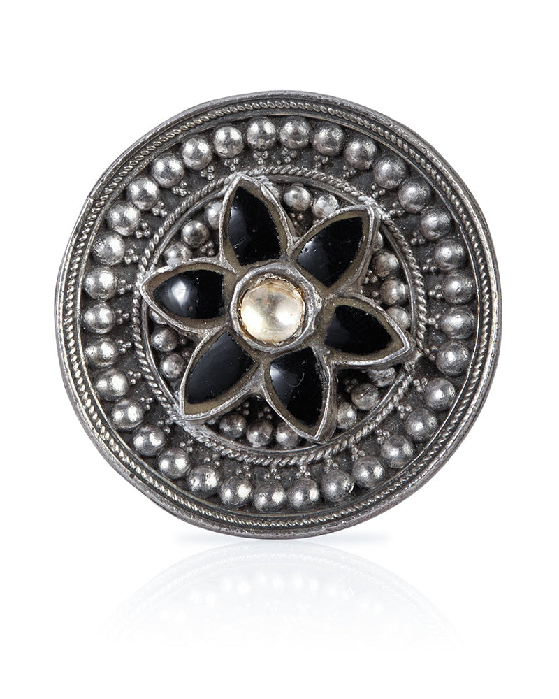 Oxidized Silver Adjustable Ring with Black Onyx Petals and White CZ Center