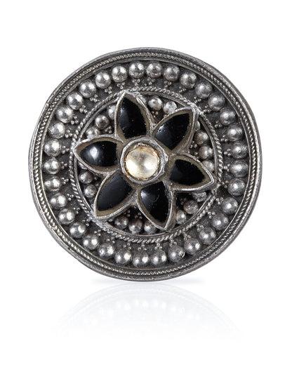 Oxidized Silver Adjustable Ring with Black Onyx Petals and White CZ Center