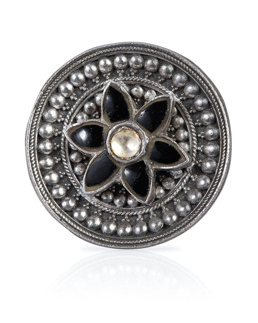 Oxidized Silver Adjustable Ring with Black Onyx Petals and White CZ Center
