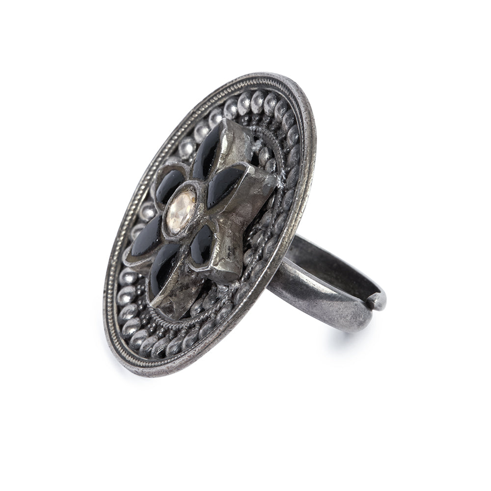 Oxidized Silver Adjustable Ring with Black Onyx Petals and White CZ Center