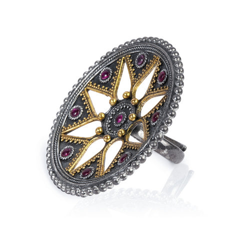 Dual-Tone Starburst Cocktail Ring with Ruby Accents