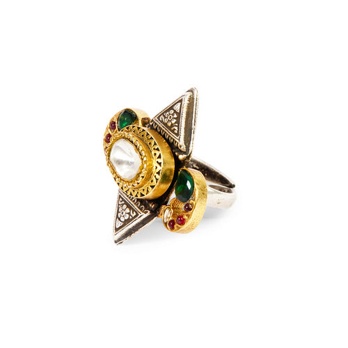 Artisan Crafted Dual-Tone Triangular Ring with Polki & Gemstone Accents