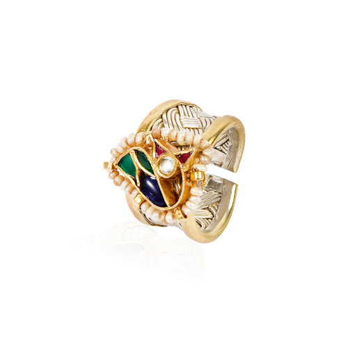 Ornate Peacock Motif Dual-Tone Cuff Ring with Multi-Color Stones & Pearls