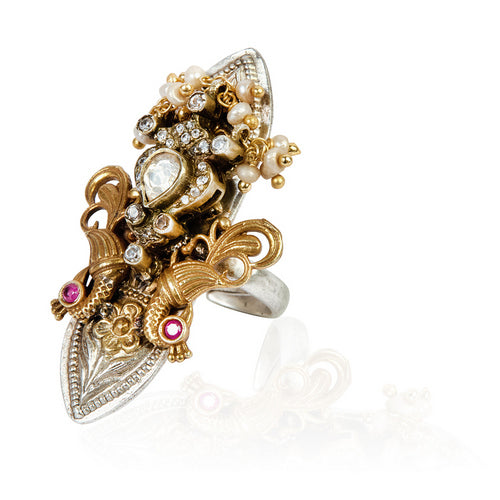 Regal Polki & Pearl Cluster Dual-Tone Cocktail Ring