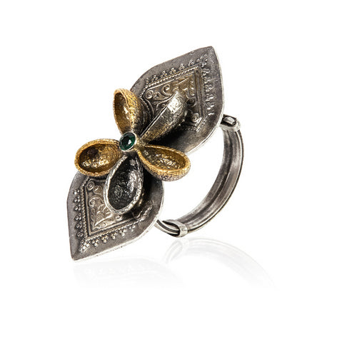 Dual-Tone Floral Cocktail Ring with Green Gemstone