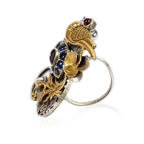 Artisan Crafted Multi-Stone Bird & Floral Statement Ring