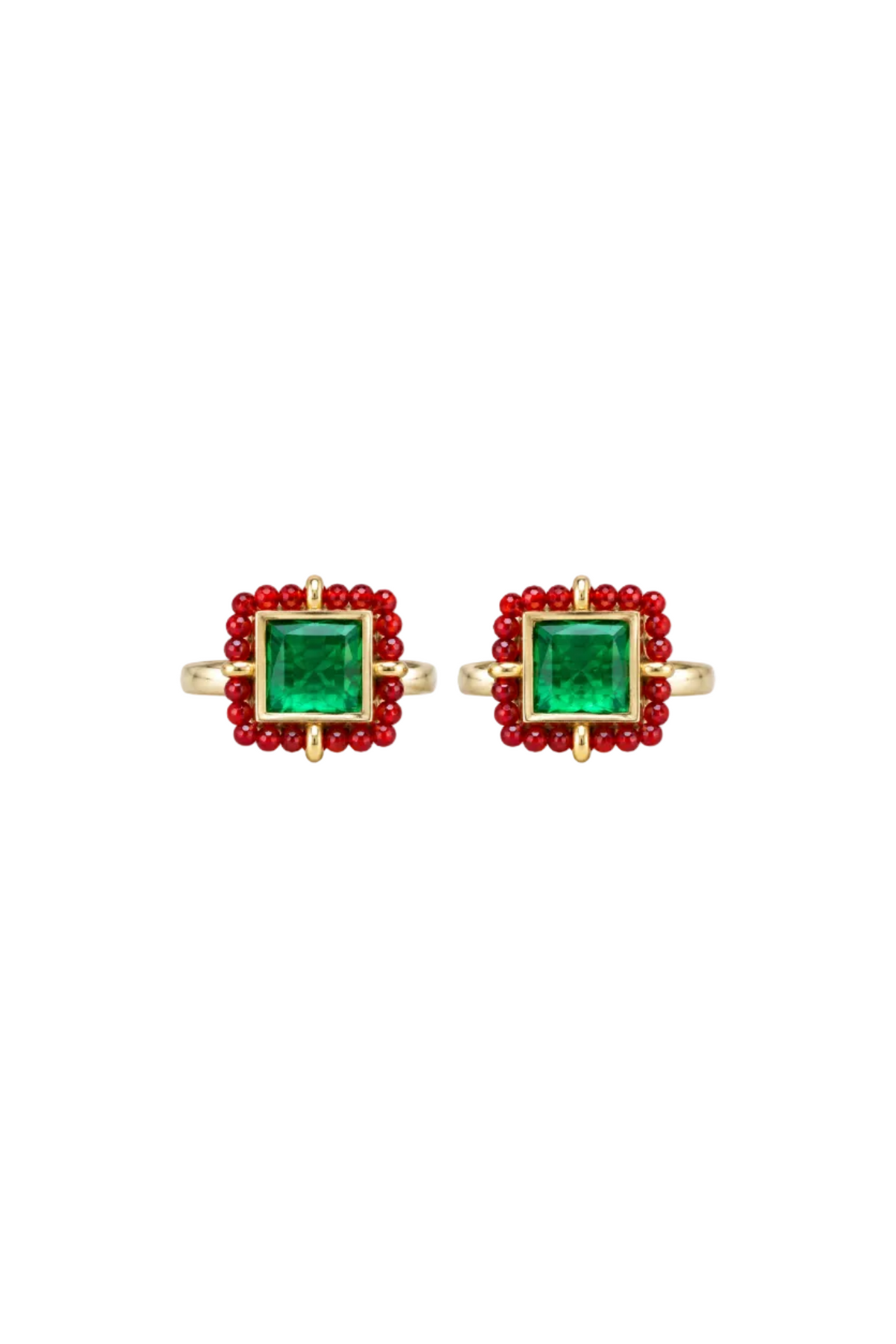 925 Silver Gold-Gilded Emerald-Green Princess-Cut & Red Beaded Toe Rings (Pair)